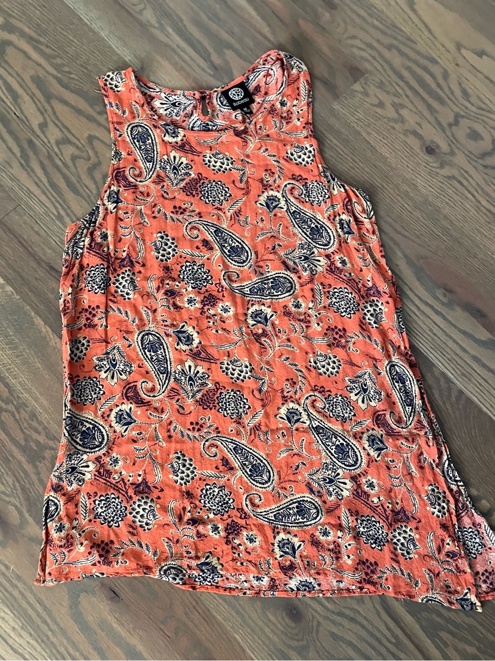 bobeau Orange Paisley Sleeveless Tank with Navy & Cream Detail
